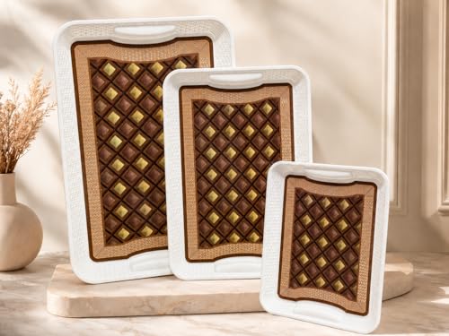 Image of 3 Pcs Plastic Serving Tray Set with Handle | Multipurpose Tea Snacks Breakfast Tray | Floral Printed Rectangular Serving Trays for Kitchen & Home (Brown Design)