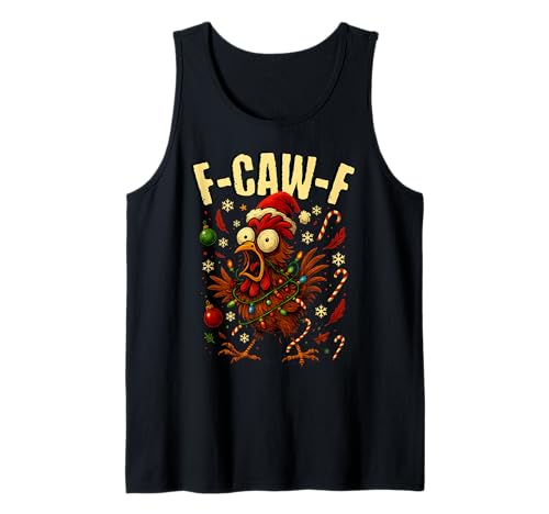 Divertido F-Caw-F Navidad Pollo Luces de Navidad Sombrero de Papá Noel F-Caw- Camiseta sin Mangas