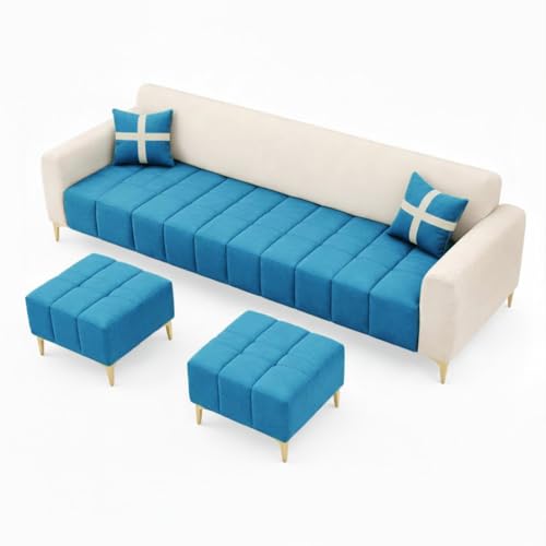 Image of Melody 3 Seater Modular L Shape Sofa Set with 2 Ottoman | Soft Velvet Upholstery, Sturdy Wooden Frame | Modern Sofa for Living Room, Hall & Office Spaces (Cream-Aqua Blue)