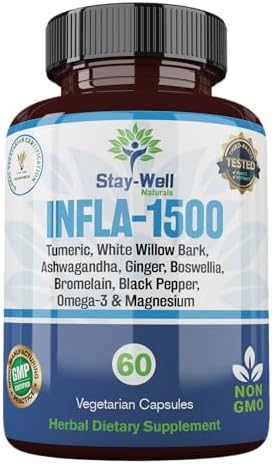 Infla-1500 All-Natural Relief Supplement Extract Blend with Turmeric, White Willow Bark, Ashwagandha, Ginger, Boswellia, Bromelain, Omega-3 and Magnesium-60ct