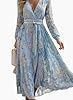 Women's Floral Print Boho Maxi Dress 2025 Spring Elegant Wrap V Neck Long Sleeve Flowy A-Line Blue Long Dress with Belt #1