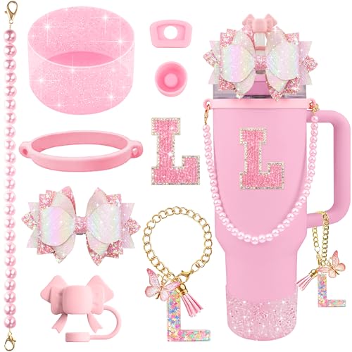 Hpebl 9PCS Pink for Stanley Cup Accessories Set Bling Initials Bow Charms for Stanley Decorations 30/40 Oz Tumbler Accessories Including Bow Straw Topper, Handle Strap, Spill Stopper（Letter L） - image 1