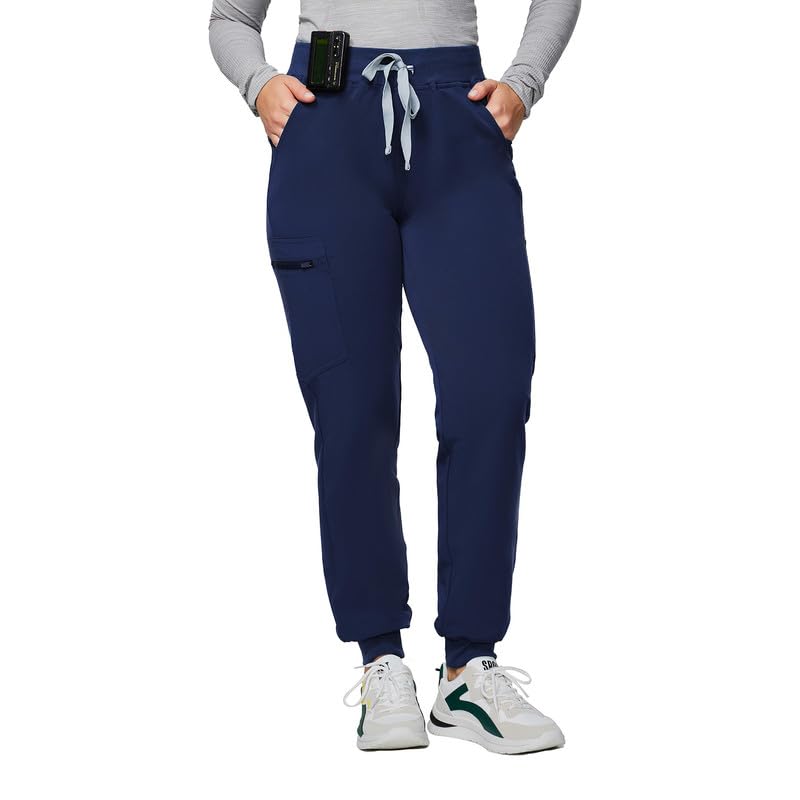 Kitmaz Pantalon de Travail médical pour Femmes - Moyenne Haute 4 Voies Stretch Anti-tissé Jogging Pantalon avec Zip Cordon et 5 Poches(Bleu Marine,M)