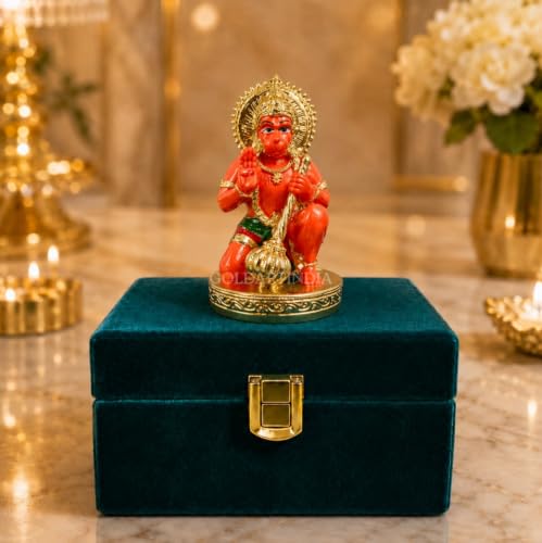 Image of Gold Art India Hanumanji Sitting with Gada Gold Plated Hanuman Statue for Car Dashboard, Hanuman ji murti for Home Decor, Office Shelves, and Gifts