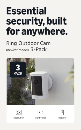 Image of Ring Outdoor Cam, Battery (newest model), Home or business security, Wide-Angle Retinal 2K Video, 6x Enhanced Zoom, Night Vision for true color in low light, 3-Pack, White