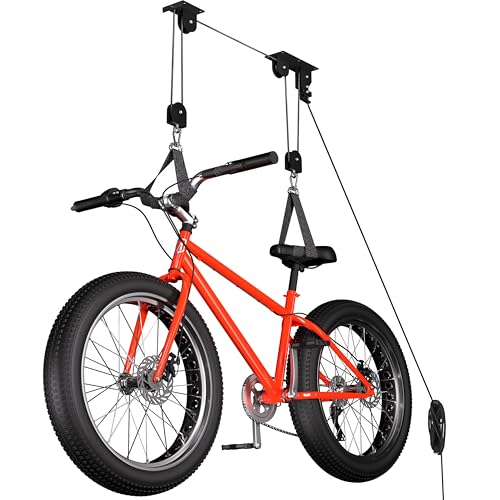 TRUSOON Bike Hoist, Heavy Duty Ebike Lift Pulley System for Garage Ceiling Overhead Storage for Bicycle, Ladders, Snowboard, Holds Up to 85 lbs Capacity, Fit 10-16 Foot High Ceilings