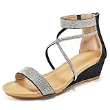 HARENCE Wedge Sandals for Women Dressy: Comfortble Ankle Strap Zipper Low Heels Shoes Fashion Sparkly Summer Sandals