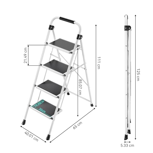 KINGRACK Stufen Leiter, Klappleiter mit Anti-Rutsch und breitem Pedal, Kleine Leiter mit Griff, Robuste Stahlleiter, leichte und tragbare Trittleiter (Weiß, 4 Stufen mit handläufen)