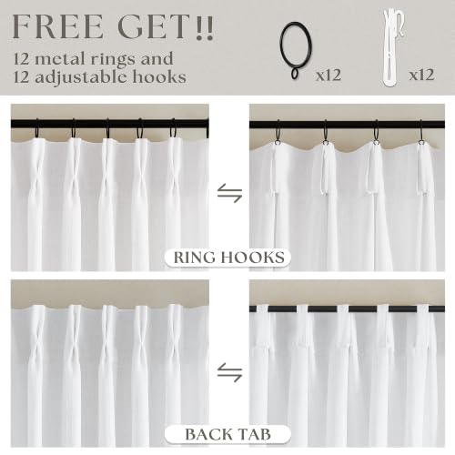 Image of TWODRAPES 60 Inch Width Curtains 92 Inches Long Linen Pinch Pleated Curtains for Living Room Bedroom Semi Sheer Back Tab Hooks Rings Extra Wide Pinch Pleat Drapes for Patio Glass Door White 1 Panel