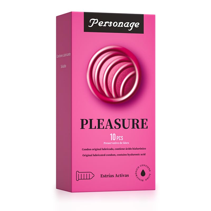 PERSONAGE Condones Pleasure con Estrías Activas, 10 Unidades, Látex Natural con Ácido Hialurónico, Lubricación Hidrosoluble, Mayor Estimulación y Comodidad, Sin Fragancia
