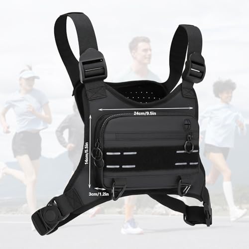 GAESHOW Pochette pectorale pour homme, sac à poitrine tactique réglable pour hommes et femmes, sac à poitrine étanche et portable pour entraînements en plein air, vélo, randonnée et sport, Noir – vue 7
