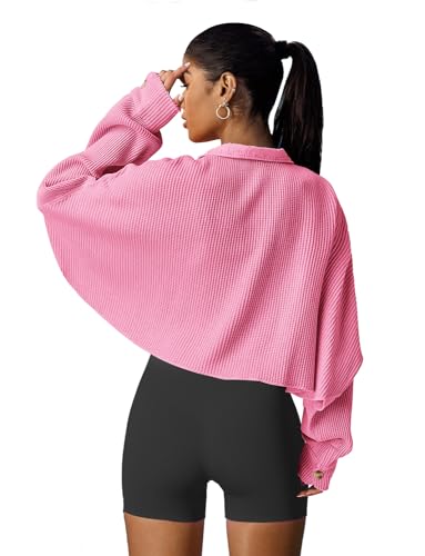 Image of Panadila Women's Cropped Waffle Knit Shacket Short Button Down Jacket Batwing Sleeve Shirts with Pocket