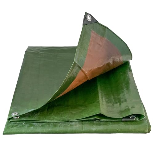 Tough heavy 220 gsm duty waterproof green with brown reverse tarpaulin/tarp cover sheet/extra eyelets at 50cm with reinforced corners ideal as a camping ground sheet. (1m x 1m)