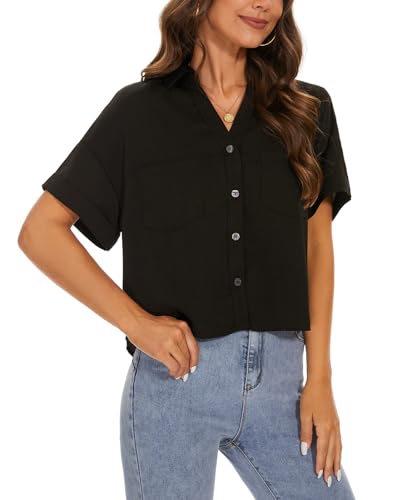 MINTLIMIT Womens Button Down Crop Tops Casual Short Sleeve Cropped Shirts Solid Lapel Blouse Shirt with Chest Pocket4