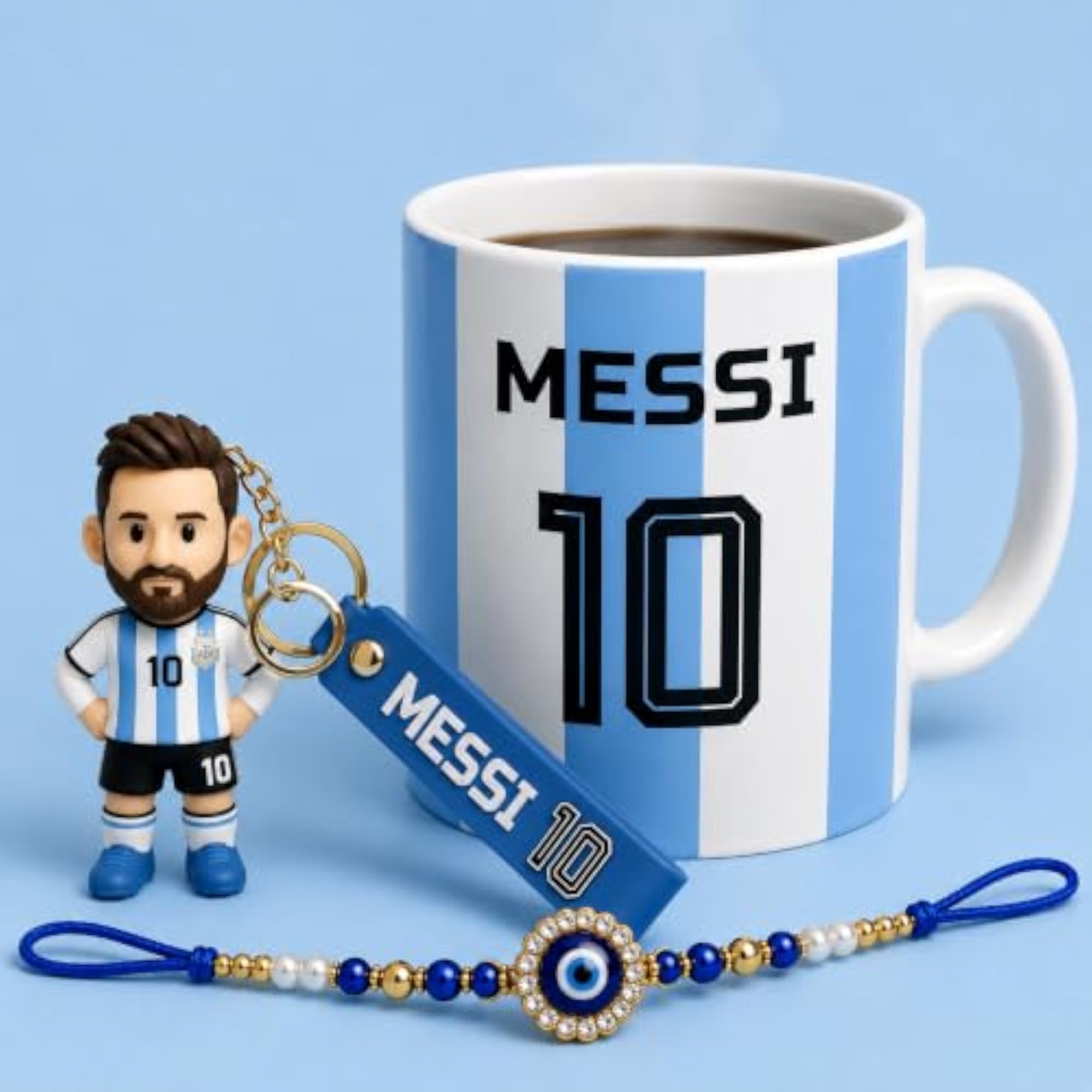 Lionel Messi Ceramic Mug with Keychain & Rakhi, Gift Set