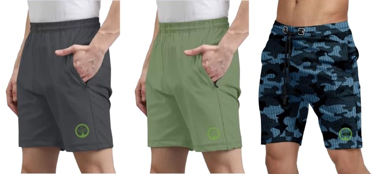 Shine N Show Men's Cotton Blend Stylish, Solid Regular Fit Shorts (Dark Grey/Pista/MultiBlue)(Pack of 3)-image-13