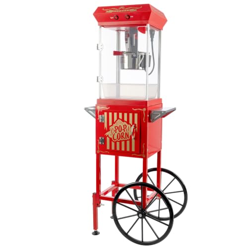 Image of Popcorn Machine with Cart and 6 oz Stainless Steel Kettle - Vintage Style Retro Popcorn Maker Machine on Wheels with Cabinet for Home Movie Room, Parties, and Events by Great Northern Popcorn (Red)