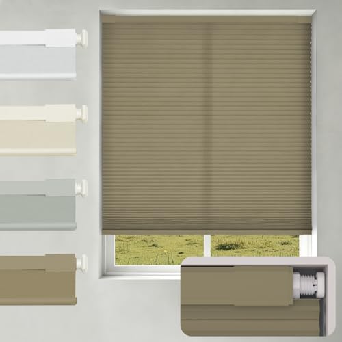 No Drill No Tools Light Filtering Cellular Shades,Cordless Blinds for Indoor Windows,Thermal Insulation Window Shades Honeycomb Blinds for Bedroom,Office,Home,Light Brown,42" w x 64" h