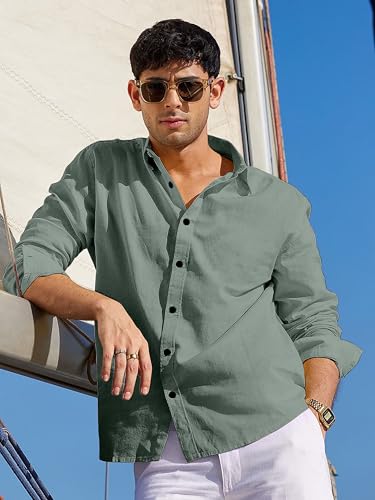 Image of Men's Linen Cotton Casual Shirt | Regular Fit Plain Shirt for Men | Long Sleeve Shirt for Casual & Formal Wear