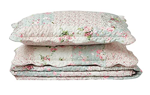 Brilliant Sunshine Traditional Rose And Sage Patchwork, With Rose Bud Patch Frames, 3-Piece Quilt Set With 2 Shams, Reversible Bedspread, Lightweight Coverlet, All-Season, Full/Queen, Light Rose Sage #TOP6