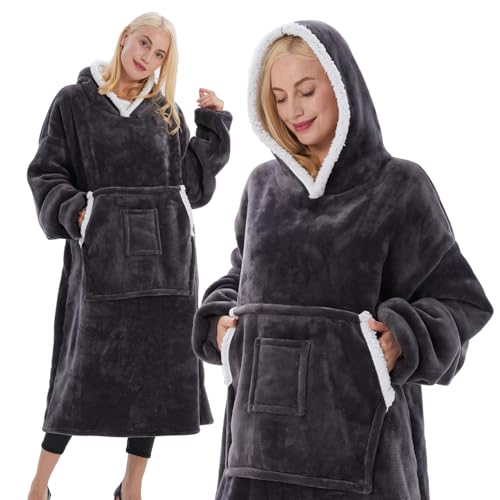 TOWINGO Sudadera con Capucha, 120CM Sudadera Polar Batamanta Mujer Invierno, Grueso Hoodie Bata Manta con de Gran Tamaño, Talla Única, Gris Oscuro