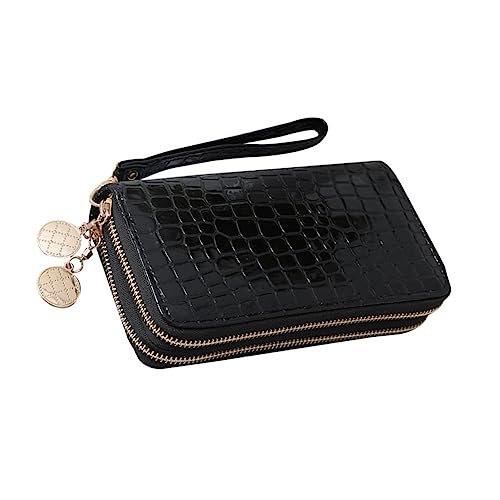 Healifty Portable Double Zipper Long Patent PU Leather Wallet Large Capacity Cash Purse Closure Design for Cards Coins Phone and Photos