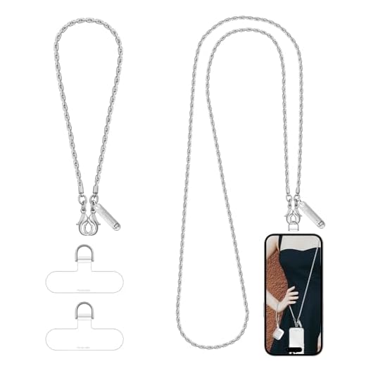 Derraffina Metal Phone Chain, Crossbody Detachable Phone Lanyard with 1*Wrist Strap & 2* Tether Tabs for iPhone and Smartphones (Pale Silver,Extend)