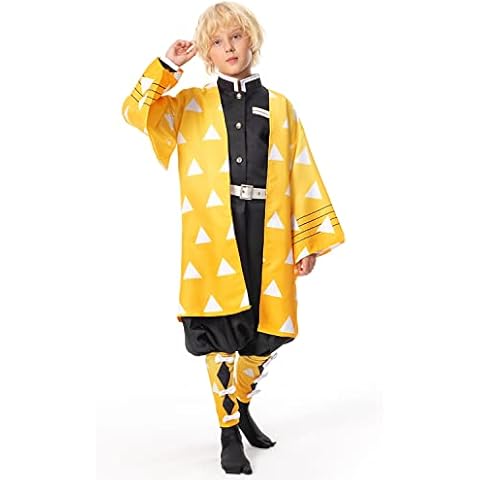Agatsuma Zenitsu Cosplay Costume Kids Anime Slayer Kimono Halloween Carnival Outfit Robe Set,M Cover