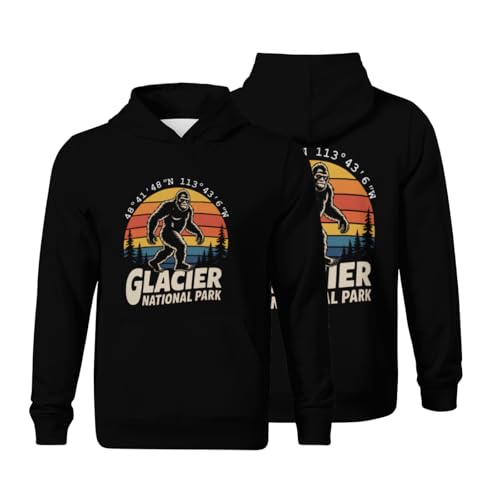 Kids Glacier National Park Bigfoot with GPS Location Boys Girls Lightweight Kangaroo Pocket Fleece Hoodies