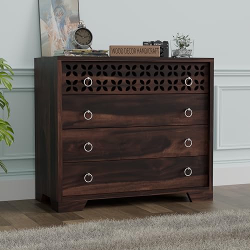 Image of Handcrafted Sheesham Wood Dressers Chests of 4 Drawers | Kitchen Crockery Cabinet Unit | Sideboard Storage Cabinets | Bedroom Furniture | Wooden Chests of Drawers (Walnut Finish)