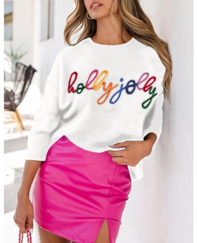 Image of SELINK Women's Holiday Sweater Crew Neck Print Casual Long Sleeve Pullover | cute tops, knit graphic sweaters, sequin letters, festive outfits, comfort fit for party daily wear
