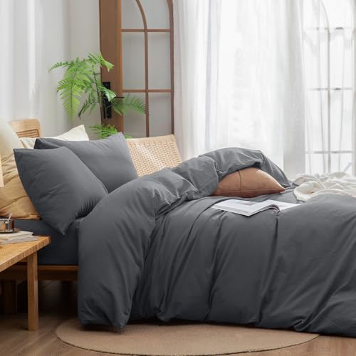 Image of BESTOUCH Cotton Solid Duvet Cover Set Quiet Shade Grey Oversized King | 100% Washed Cotton, Soft Wrinkle Texture, Hidden Zipper, 8 Ties, Breathable Lightweight Durable Comfy, 3 Pcs No Insert