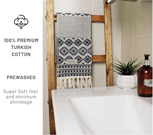 T&I Home Aztec Decorative Turkish Hand Towels For Bathroom - Set Of 2 (16X40) Black, Soft 100% Cotton - Quick Dry, Prewashed, No Shrink - Farmhouse Boho Kitchen Towel Set, Hair, Face, Tea, Dish #TOP3