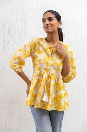 Image of Leriya Fashion Women Rayon Printed Kurti | 3 /4 Sleeve Band Collar Short Kurta Top | Elegant Kaftan | Ethnic Casual Office Wear Regular Fit Tunic for Girls, Festive & Everyday Wear