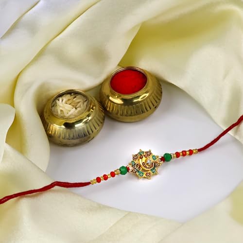 Image of Oblivion Peacock and Floral Design Rakhi Pair for Brother with Silver Colour Pooja Coin, Tilak Set and Greeting Card for Raksha Bandhan