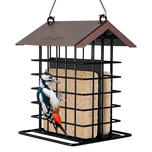 iBorn Suet Feeder for Outside Hanging,Suet Bird Feeders for Outdoors,Suet Holder With Squirrel Proof Hanger Hook,Suet Cage Bird Feeder,Woodpecker Feeder,Weatherproof Metal Roof,All Metal,1 Pack,Coffee