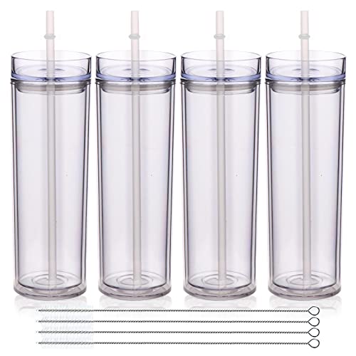 Volhoply 20oz Plastic Skinny Tumblers Bulk 4 Pack,Double Wall Tumbler with Lid and Straw,BPA Free Matte Acrylic Water Cups for Parties(Clear,4 Set)