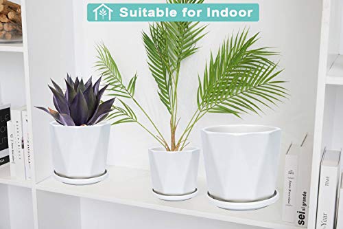 White Ceramic Geometric Indoor Plant Pot with Tray - Set of 3 Middle and Large Modern Planter (5.4\" 6.8\" 8.1\"), Diamond Texture Flower Pots with Drainage Hole and Saucer for Indoor Outdoor Plant