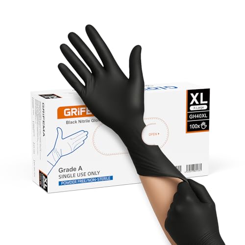 GRIFEMA Guantes Desechables de Nitrilo – Talla XL, Alta Resistencia Química – Caja de 100 Unidades – Certificados EN 455 para Uso Médico y EN 374 para Protección Química – Negro