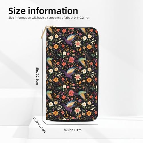 Leather Thin Slim Wallets for Women & Men - Colorful Flower Hummingbird Print Card Wallet Holder with Zipper2