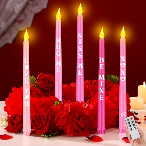 Image of Aurelema 5 Pcs Valentines Day LED Flameless Candle Set Valentine Day Conversation Flameless Taper Candles with Words Battery Operated Seasonal Celebration with Remote for Wedding Romantic Night