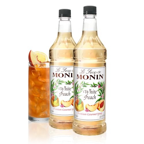 Image of Monin - White Peach Syrup, Juicy Ripe Peach Flavor, Perfect for Cocktails, Mocktails, Iced Teas, & Smoothies, Gluten-Free, Non-GMO (1 Liter, 2-Pack)