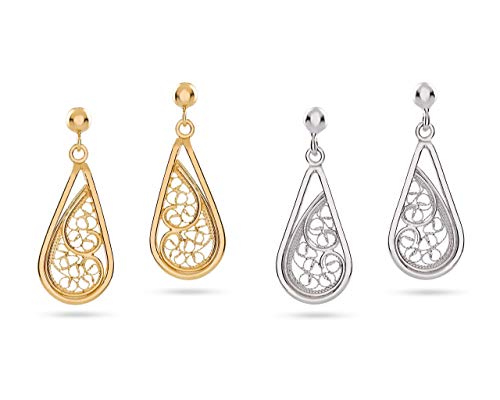 Gold Drop Earrings Handmade Dangle Earrings in Sterling Silver Artisanal Filigree Gold-plated Earrings Very Light Earrings