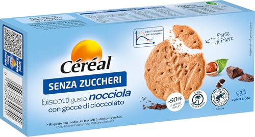 Céréal | Biscotti Gusto Nocciola con Gocce di Cioccolato Senza Zuccheri, Ricco di Fibre, 132G