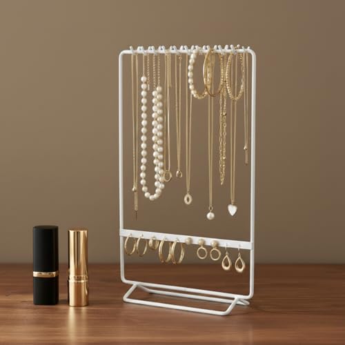 Image of ecofynd 2-Tier Metal Jewelry Organizer Stand with 11 Nail Hooks & 10 Earring Holes, Necklace Holder, Bracelet & Ring Storage Rack, Space-Saving Display for Vanity, Dressing Table & Home (White,JS008)