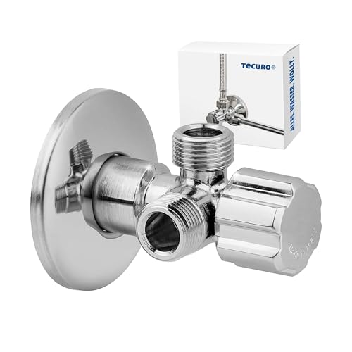 tecuro Doppeleckventil 1/2 Zoll Wandanschluss inkl. Schubrosette Ø 56 mm, doppelte 3/8 Zoll Abgänge, hochglänzende Oberfläche aus verchromtem Messing