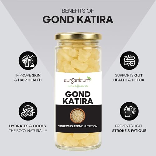 Image of Aurganicum Gond Katira 250 g - Premium Imported Iranian Edible Tragacanth Gum | Large White Crystal Grade | Natural Cooling & Hydration | Glass Jar