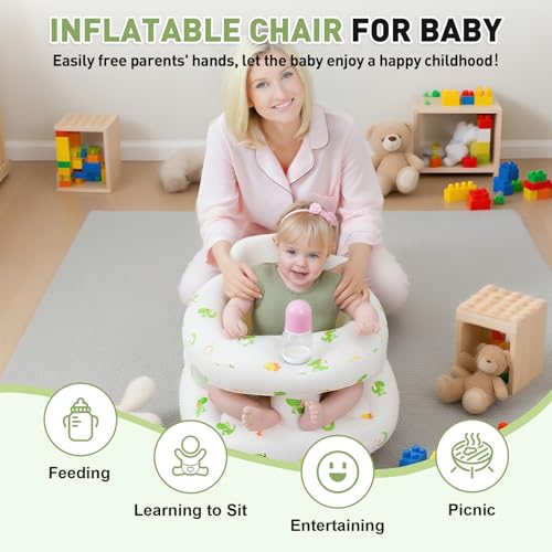Image of Inflatable Baby Seat for 3-36 Months Babies, Blow up Baby Chair with Built-in Air Pump, PVC Material, Full Enclosure Protection, Outdoor Travel Inflatable Chair for Infant, Green Dinosaur