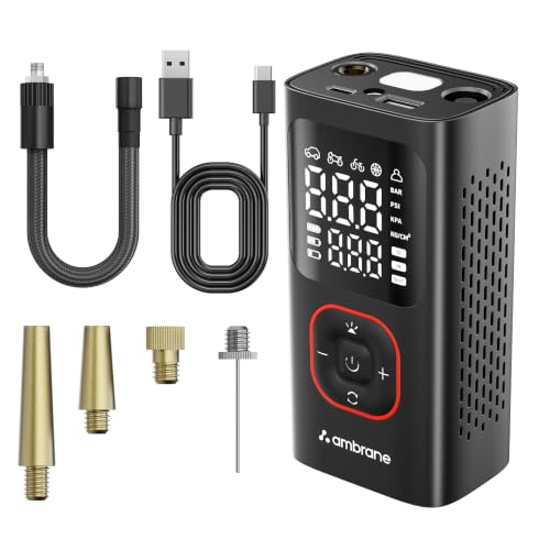 Image of Ambrane Portable & Rechargeable Tyre Inflator with 2-in-1 Cordless & Corded, Powerful 80W Motor, 150 PSI Pressure, 5200mAh Battery, Auto Shut-Off, Fast Charging for Car, Bike, Balls (Turbo+, Black)