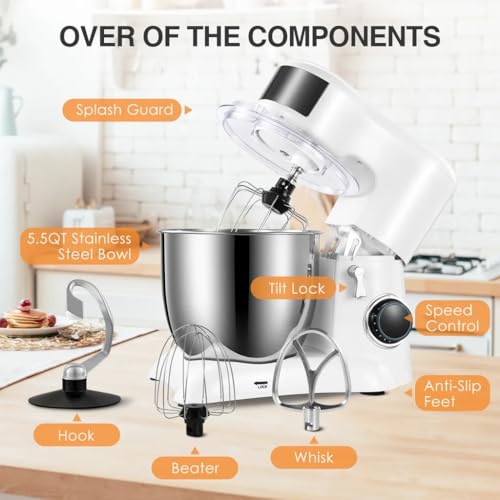 Küchenmaschine inkl. Rührhaken, Knethaken, Schneebesen, Spritzschutz,1300,00 W, 5,50 l Schüssel, Küchenmaschine mit Edelstahl-Rührschüssel,10Geschwindigkeiten, Weiß 5 Küchenmaschine inkl. Rührhaken, Knethaken, Schneebesen, Spritzschutz,1300,00 W, 5,50 l Schüssel, Küchenmaschine mit Edelstahl-Rührschüssel,10Geschwindigkeiten, Weiß